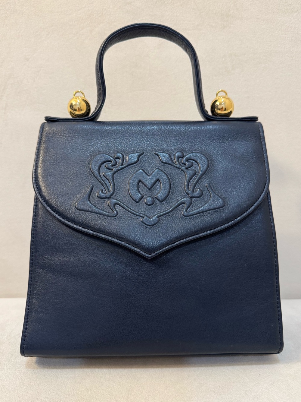 Vintage Mila Schön Italian Leather Top Handle Bag Navy Gold Hardware Embossed